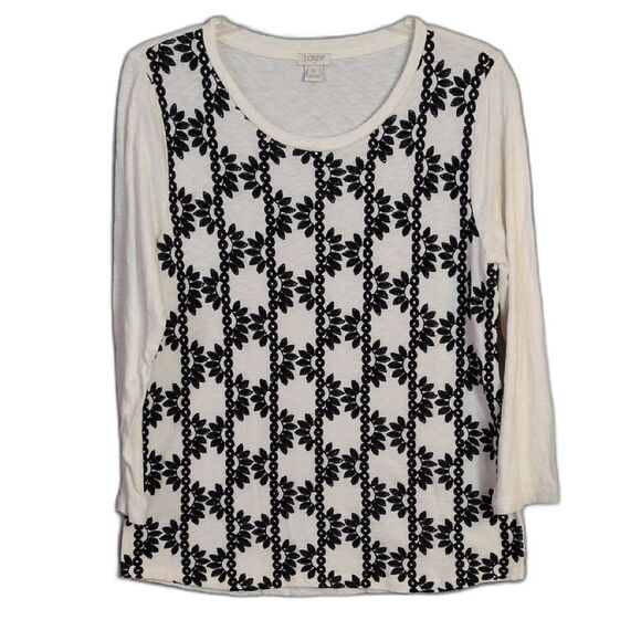 J Crew Ivory Black Embroidered Floral Knit Top Women's L - Picture 1 of 4
